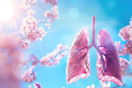 Vibrant pink healthy human lungs against a dark backdrop, showing intricate details and vitality.の素材