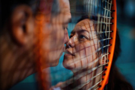 A man and a woman engaged in a passionate kiss behind a tennis racket, their bodies silhouetted against a soft light.の素材