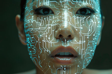 A womans face up close is adorned with an intricate circuit board pattern, blending human features with technological elements.の素材