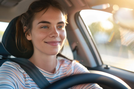 A woman exudes confidence as she sits in the passenger seat of a car, ready to embark on a new adventure.の素材