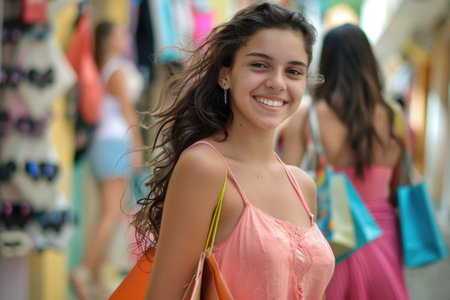 A young girl in a bright pink dress happily holds a shopping bag.の素材