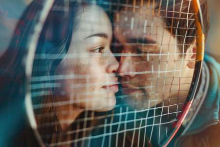 A man and a woman lock eyes intimately, framed through the strings of a tennis racket, creating a unique and artistic perspective.の素材