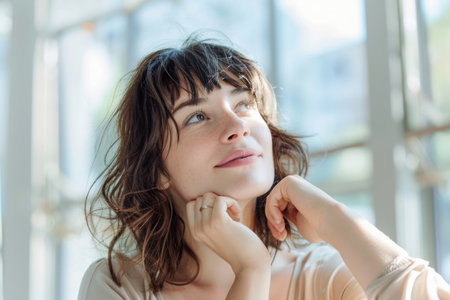 A woman with dark brown hair sits by a window, chin resting on hand, lost in deep thought.の素材