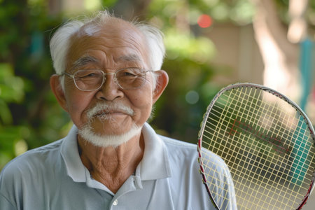 A happy grandpa getting ready to play tennis, holding a racket in his hand.の素材