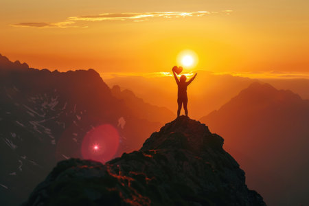 A silhouette of a person standing triumphantly atop a mountain, with hand raised towards the setting sun.の素材
