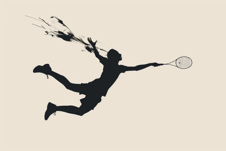 A detailed silhouette capturing a tennis player in action, skillfully hitting a ball with a racket.の素材