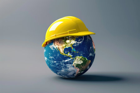 A yellow hard hat is placed on top of a blue Earth, symbolizing protection and care for the planet.の素材