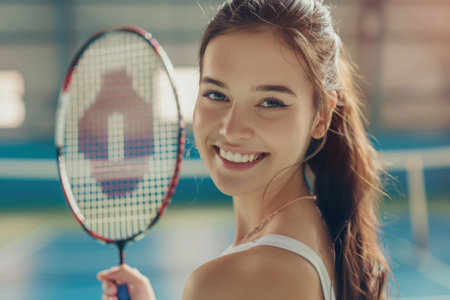 A young woman poised and ready to play tennis on the court, holding a tennis racquet.の素材