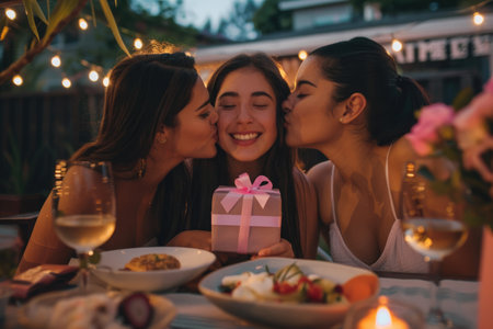 Three women sit at a table, looking excited as they gaze at a gift placed in front of them.の素材
