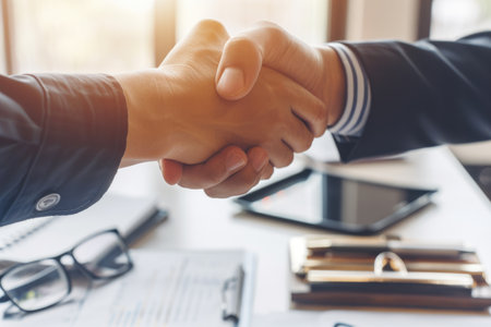 Two individuals in professional attire are engaged in a handshake in front of a desk in an office setting.の素材