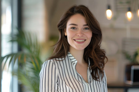 A professional woman smiles warmly at the camera, exuding confidence and positivity in her striped shirt.の素材