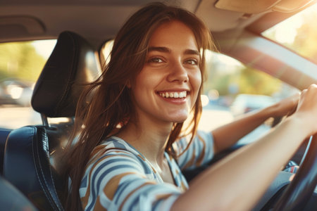 A woman with a big smile is driving a car on a bright, sunny day.の素材