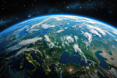 Earth glowing in the darkness of space, surrounded by twinkling stars and cosmic wonders.の素材