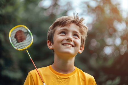 A delighted young boy holds a badminton racket in anticipation of a fun game.の素材
