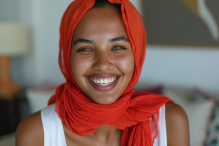 A radiant woman with a warm smile dons a vibrant red scarf wrapped around her head.の素材