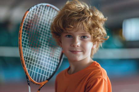 A young boy stands on a tennis court, holding a tennis racquet as he prepares to play. His eager expression reflects his passion for the sport.の素材