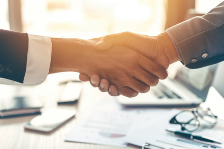 Two people close up shaking hands in a gesture of agreement and trust.の素材