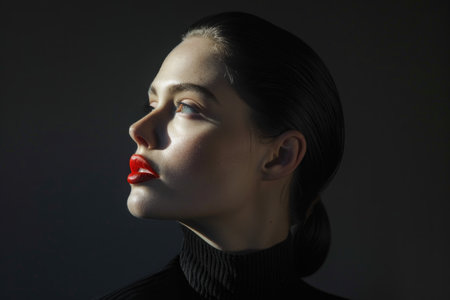 A confident woman exudes sophistication in a stunning black dress and vibrant red lipstick, showing casing elegance and style.の素材