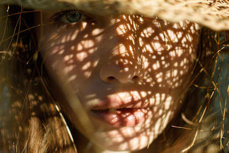 Close-up of a womans face with a fashionable hat on her head.の素材