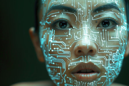 A womans face up close with intricate circuit board pattern overlaying her features, creating a blend of human and technology.の素材