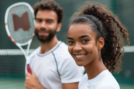 A young, satisfied woman and man are getting ready to play tennis, holding their rackets in a confident stance.の素材