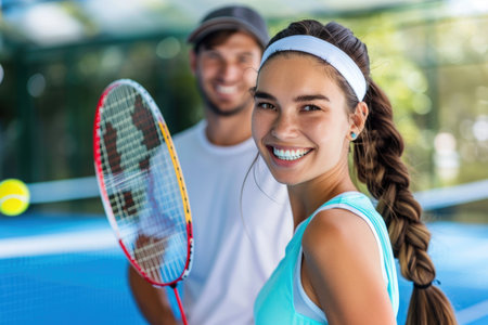 A young, satisfied woman and man stand together, holding tennis racquets, preparing to play a friendly game of tennis.の素材