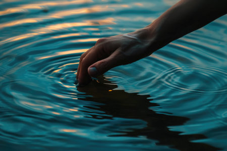A human hand is gently extended towards something in the tranquil water, reaching out for an unseen object beneath the surface.の素材