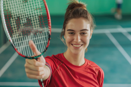 A cheerful woman in a red sports tee is holding a tennis racquet on a colorful tennis court, ready for a game.の素材