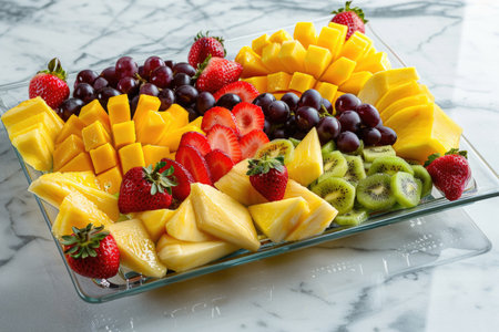 A fruit platter with a variety of fruits including kiwi, strawberries, and grapes. The fruits are arranged in a glass dish on a marble countertopの素材