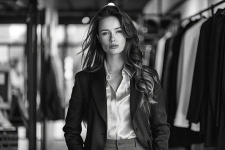 A woman in a black jacket and white shirt stands in front of a rack of clothes. She looks confident and poisedの素材