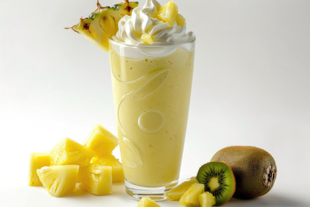 A glass of yellow drink with a pineapple on top and a kiwi on the side. The drink is topped with whipped creamの素材