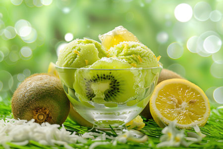 A bowl of ice cream with kiwi and lemon slices on a green backgroundの素材