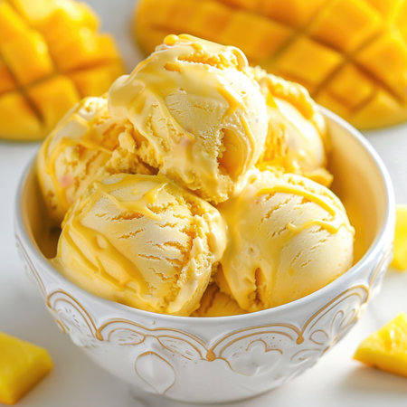 A bowl of ice cream with a drizzle of syrup and a few slices of mango on topの素材
