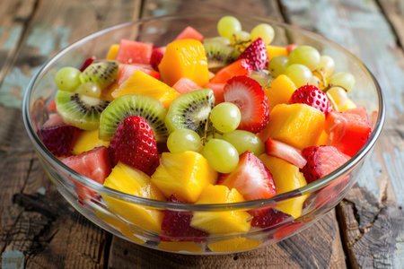 A bowl of fruit salad with strawberries, kiwi, and grapes. The bowl is on a wooden tableの素材