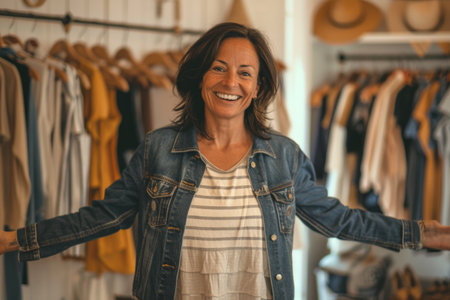 A woman is smiling and posing in front of a rack of clothes. She is wearing a blue jacket and a white shirtの素材