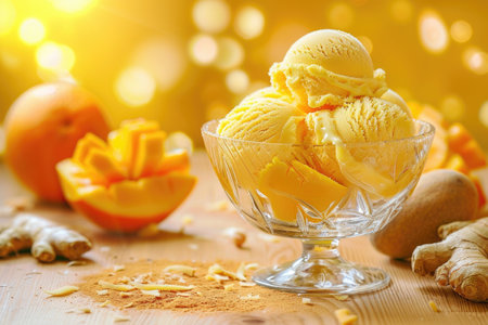 A bowl of ice cream with a slice of orange on the side. The bowl is on a wooden tableの素材