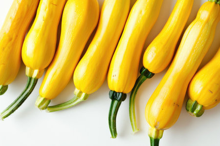 A row of yellow squash with green stems. The squash are arranged in a line and are all the same sizeの素材