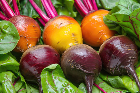A bunch of beets and green lettuce. The beets are purple, orange, and yellowの素材
