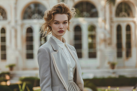 A woman in a gray jacket and white shirt stands in front of a building. She has long hair and is wearing a red lipstick. Concept of elegance and sophisticationの素材