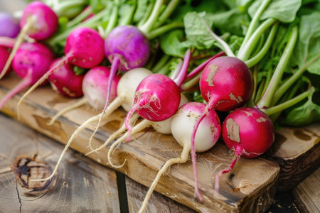 A bunch of radishes are on a wooden cutting board. The radishes are pink and whiteの素材