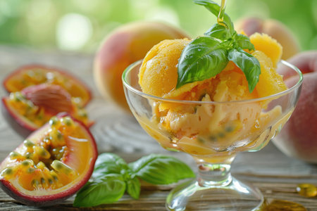 A glass of ice cream with a basil leaf on top. A slice of peach is on the table next to the glassの素材