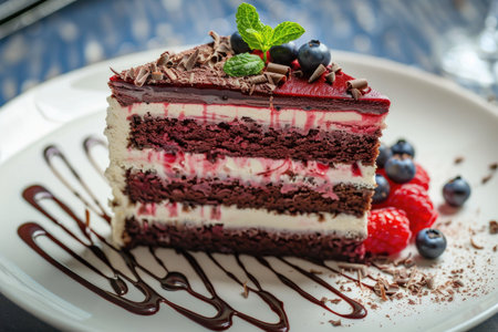 A slice of chocolate cake with blueberries and mint on top. The cake is served on a white plateの素材