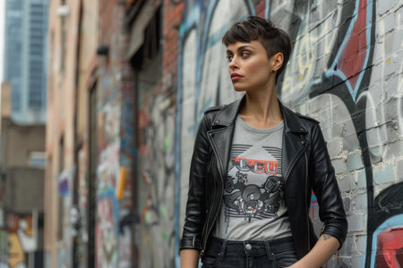 A woman in a leather jacket and jeans stands in front of a graffiti wall. She is wearing a gray shirt with a design on it. The scene has a gritty, urban feel to itの素材