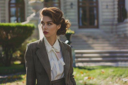 A woman in a suit and white shirt stands in front of a building. She has a red tie and a red lipstick. Scene is elegant and sophisticatedの素材