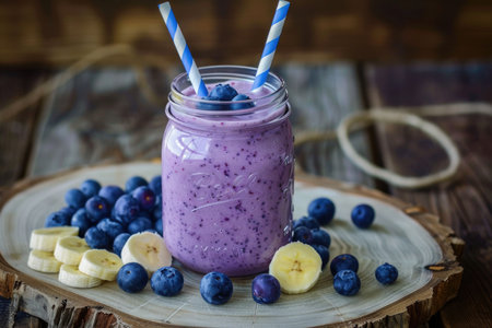 A glass of blueberry smoothie with a banana and two blue straws. The blueberries are scattered around the glass and the banana is on the left sideの素材