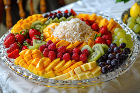 A fruit platter with a variety of fruits including strawberries, kiwis, grapes, and mangoesの素材