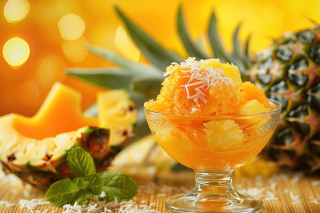 A bowl of fruit with a pineapple and a slice of mango in it. The bowl is filled with a yellow ice creamの素材