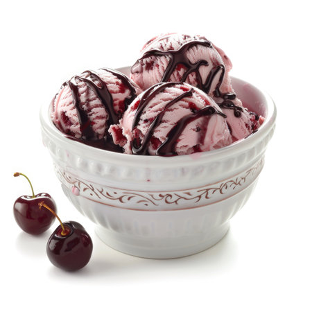A bowl of ice cream with cherry on topの素材