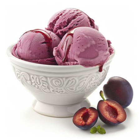 A bowl of ice cream with a purple cherry on topの素材