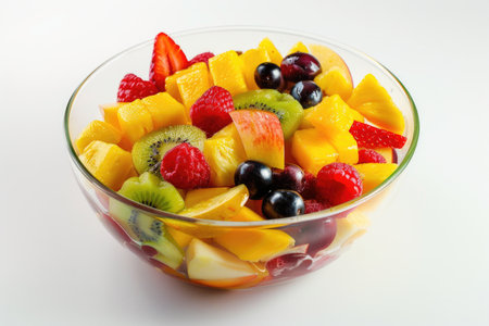 A bowl of fruit salad with a variety of fruits including kiwi, strawberries, and blueberriesの素材